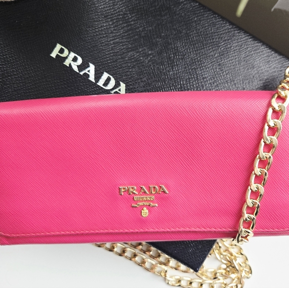 Authentic PRADA Logo Saffiano Leather Pink Gold Bifold Wallet Clutch Holder WOC - Picture 3 of 14